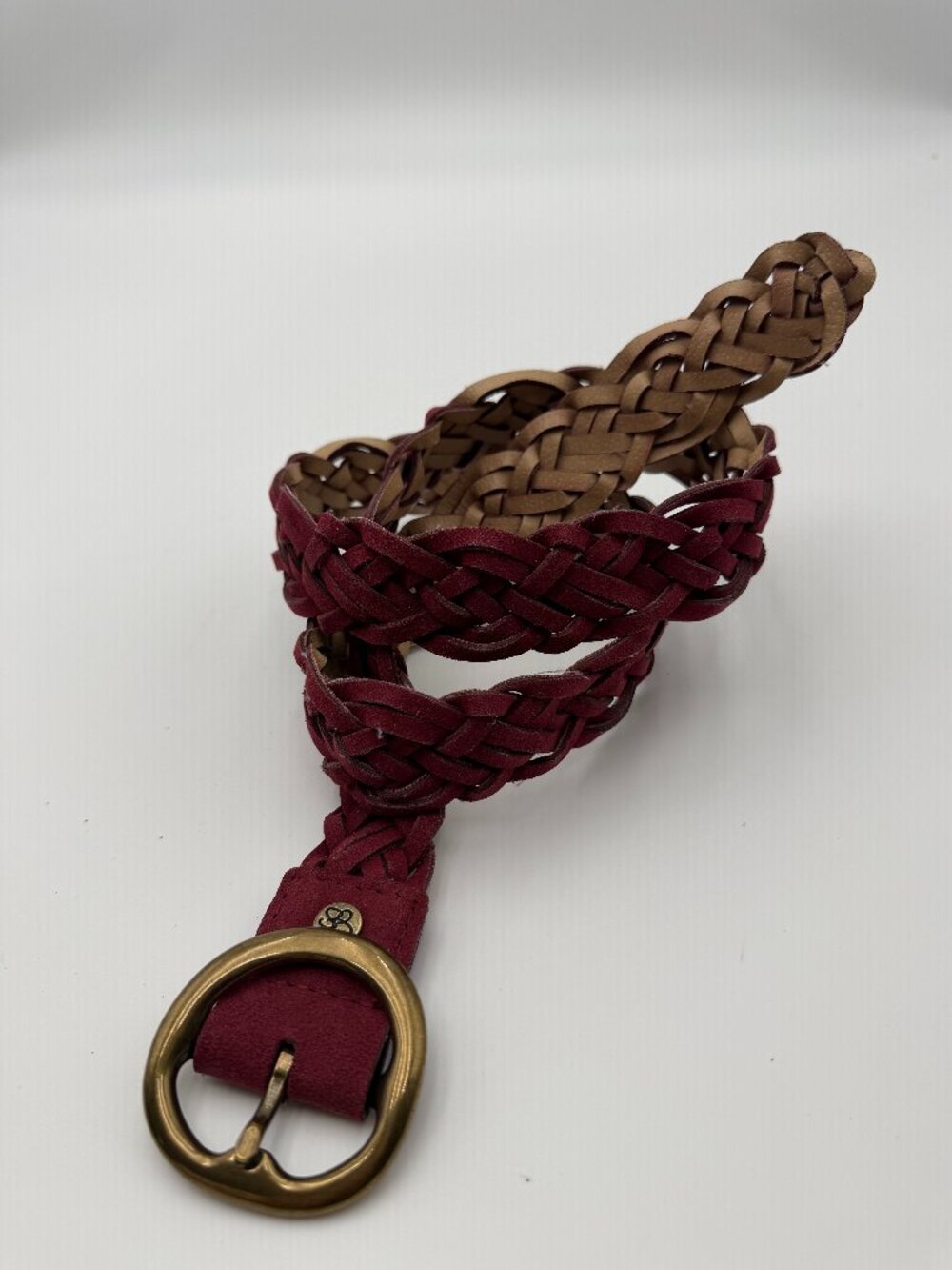 Vintage Burgundy Braided Leather Belt Round Buckle
